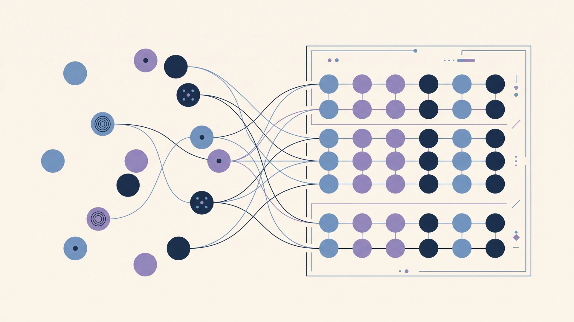 Scattered AI agent nodes connect into an organized registry, illustrated in navy, blue, and purple on cream.