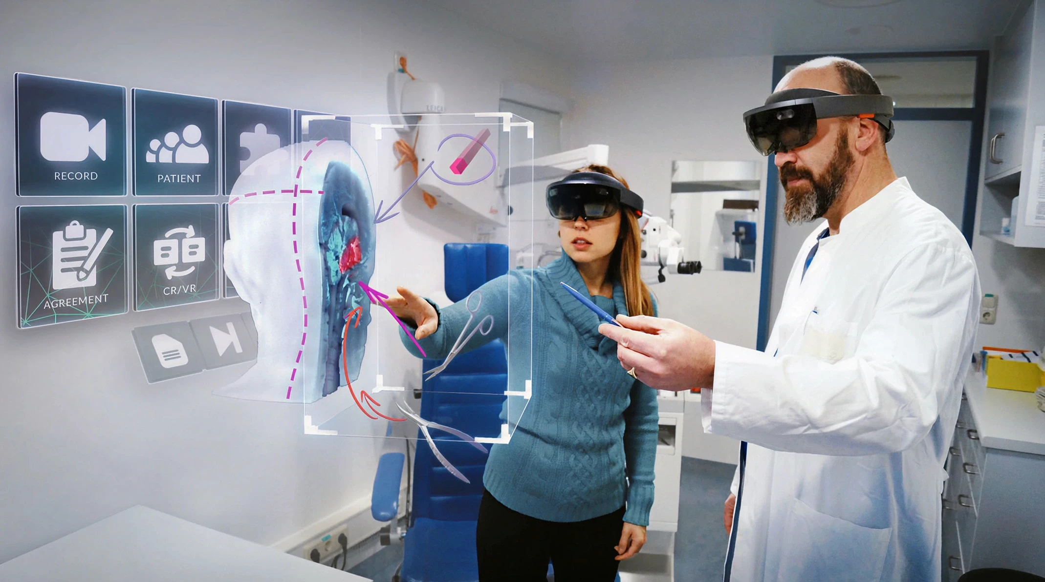octor and patient wearing Microsoft HoloLens headsets examining a shared AR holographic anatomy model during a patient education and informed consent session