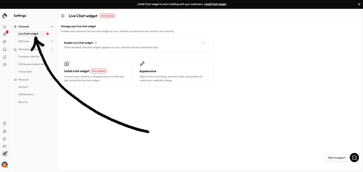 AskDolphin dashboard showing Live Chat widget settings under Channels with install chat widget option highlighted