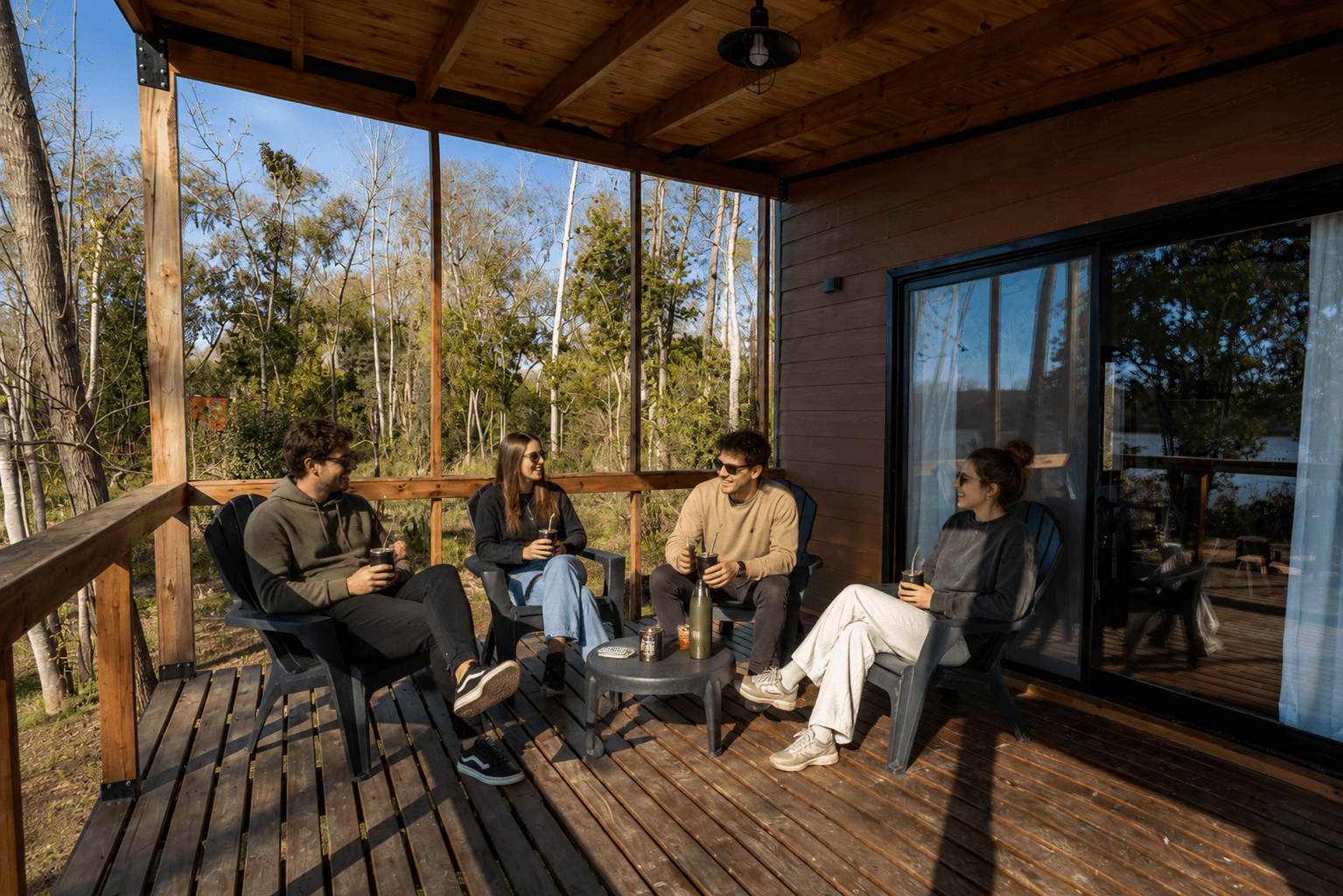 Organic architectural forms with warm wood tones and flowing ceiling structure