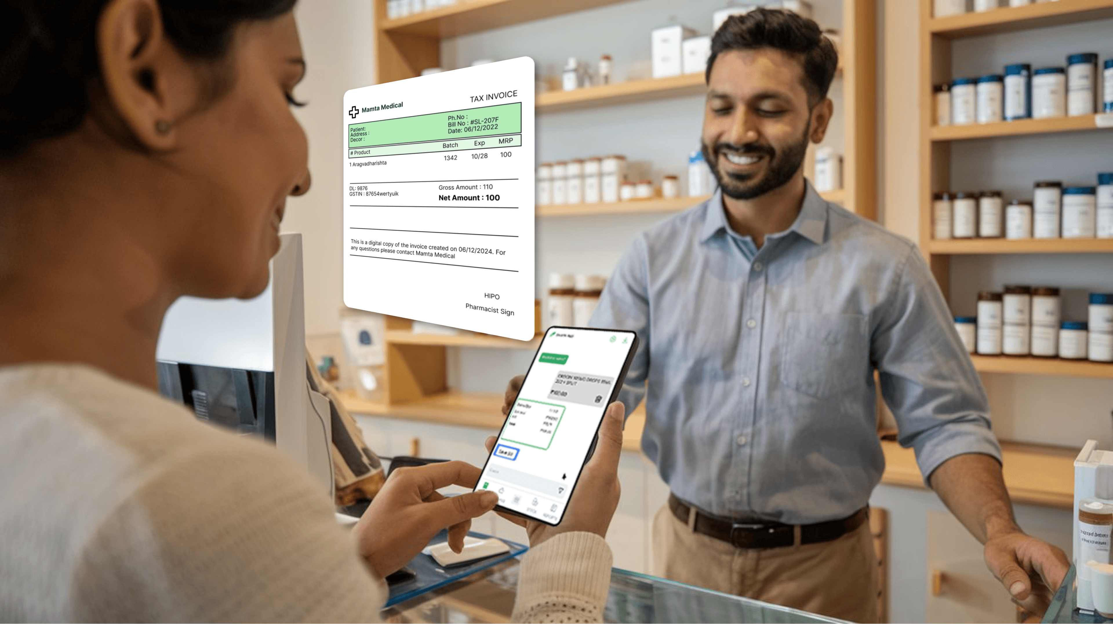 Customer scanning a digital invoice on her smartphone at a pharmacy counter while interacting with a smiling pharmacist, showcasing advanced billing technology for retail pharmacies.