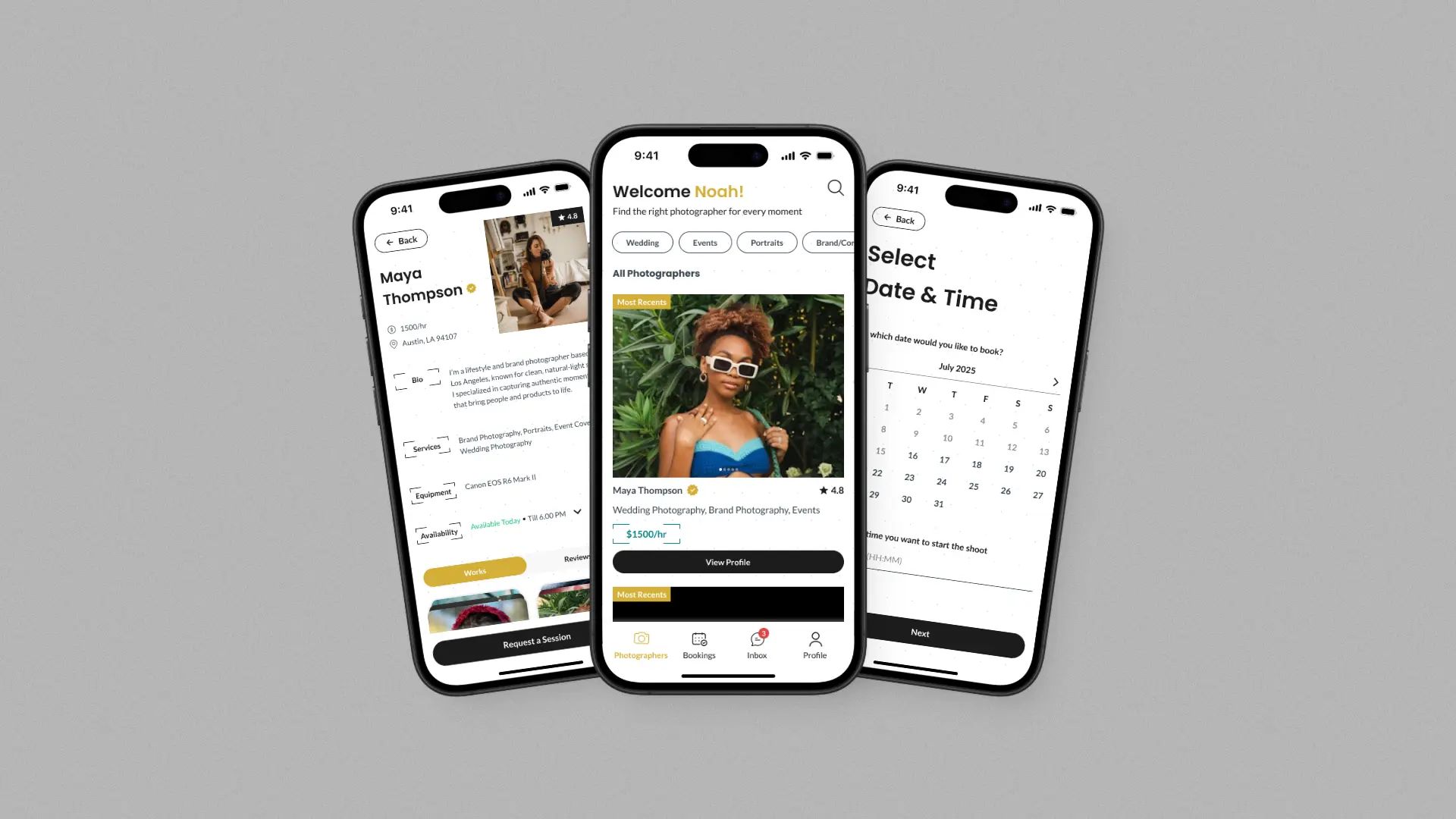 Mobile UI design for BookedLens highlighting the discovery phase where users search for photographers and initiate the booking process.