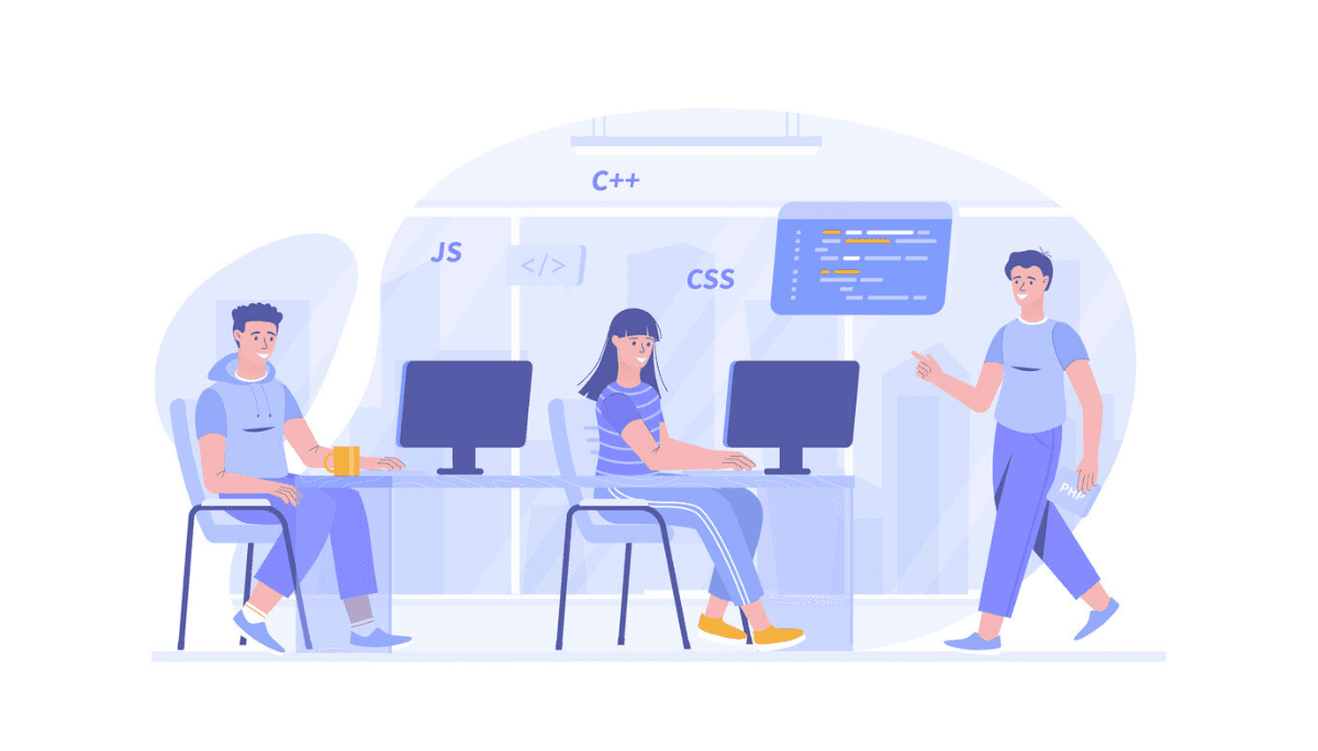 Illustration of students coding in a classroom with programming languages like JavaScript, CSS, and C++.