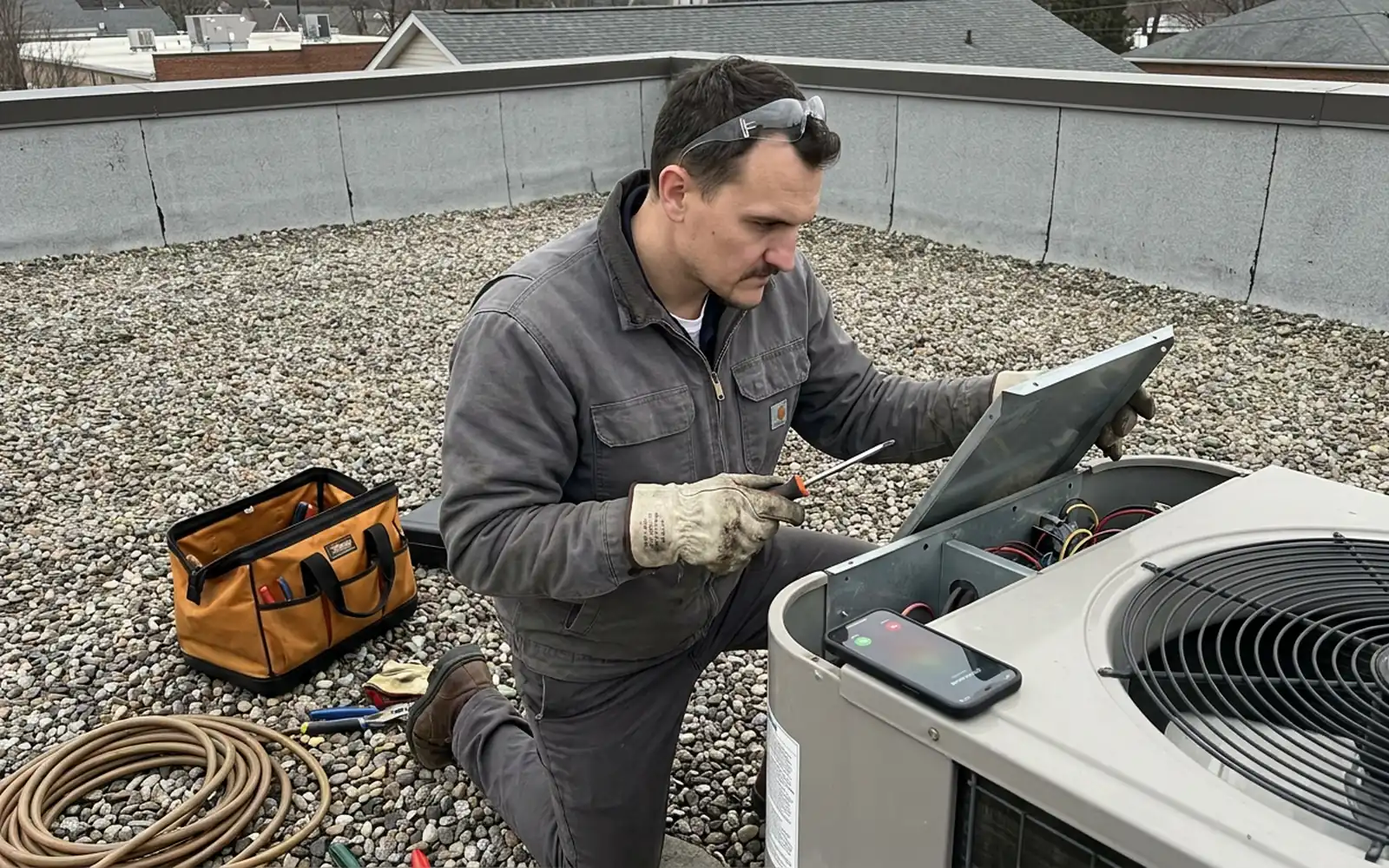 Thor, in work gloves, fixing a rooftop air-conditioning unit while his phone lights up out of reach (AI-generated image)