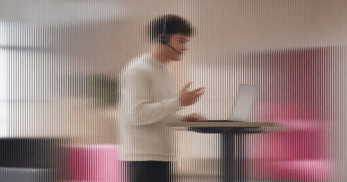 Sales development rep on a prospecting call at a standing desk, seen through vertical fluted glass