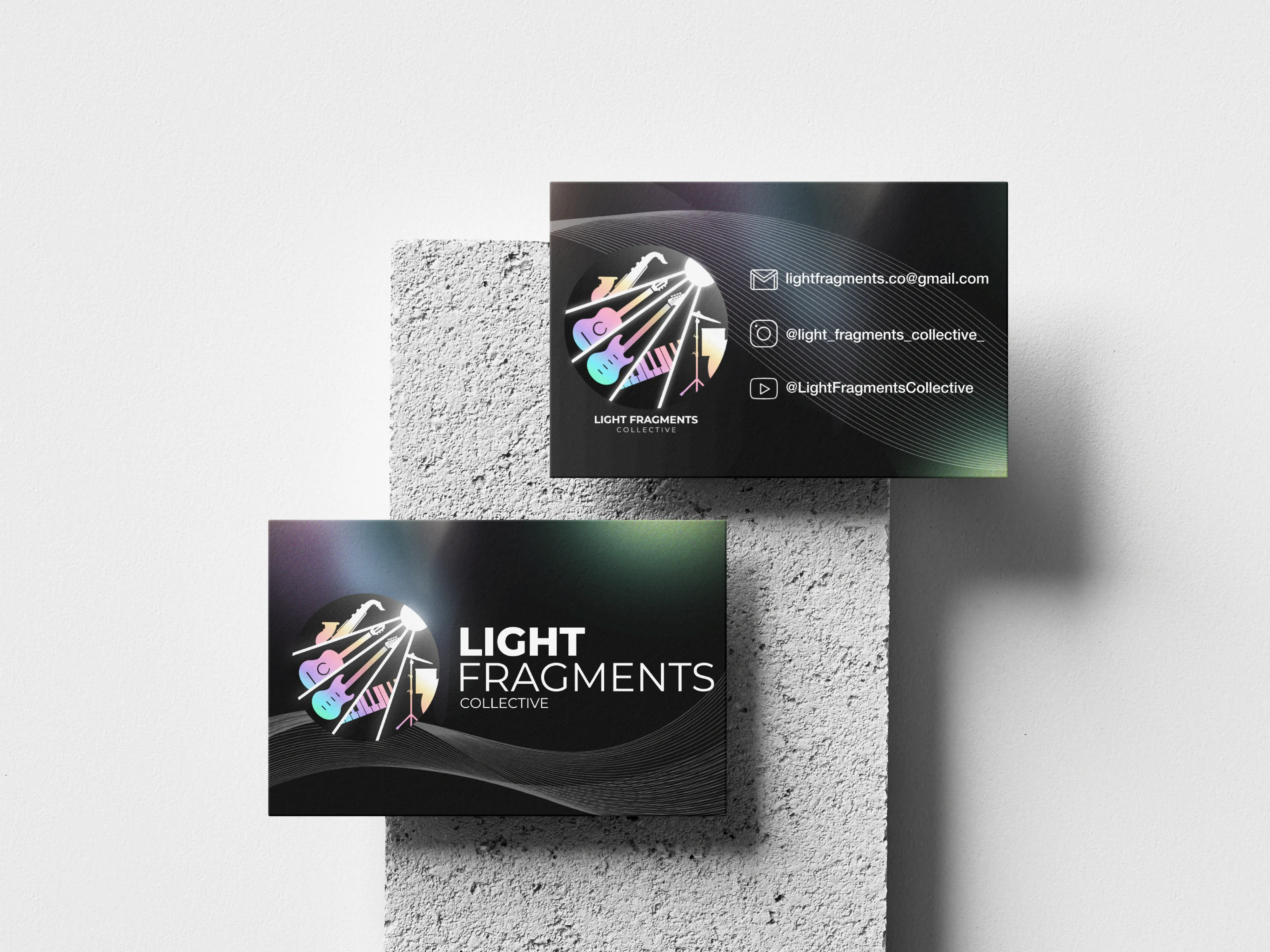 Mockup de la carte de visite (recto verso) du groupe de musique jazz fusion le Light Fragments Collective.