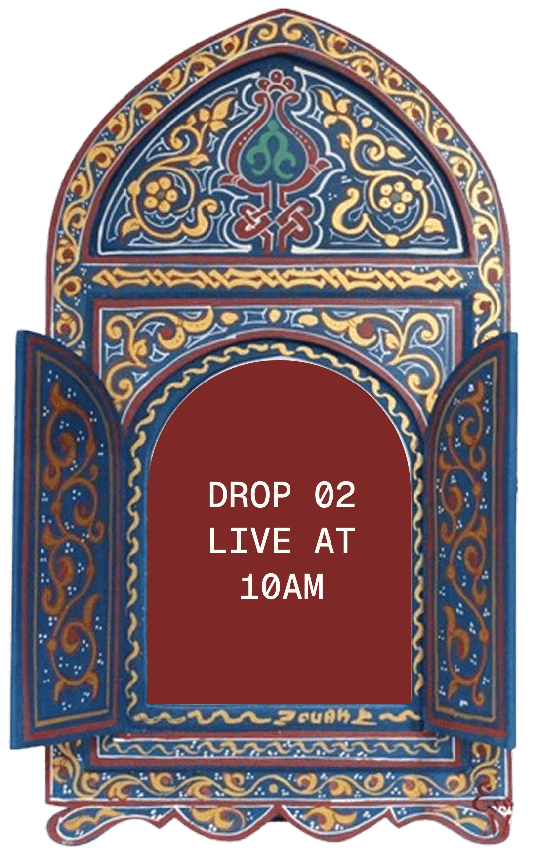 Decorative arched window graphic in blue and gold with ‘Drop 02 Coming Soon’ in the center.