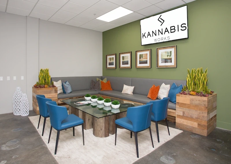 Stylish corner lounge with custom seating, green accent walls, and decorative plants at Kannabis Works.