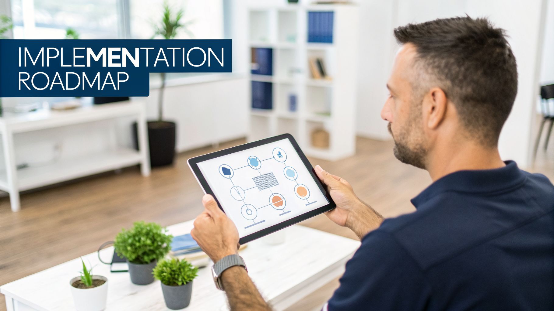 Man reviews implementation roadmap on a tablet displaying interconnected network diagrams and binary code.