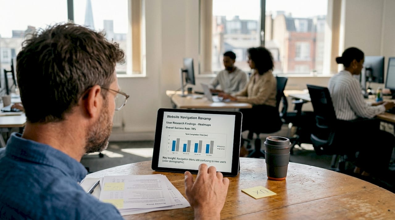 Product manager reviews user feedback in office