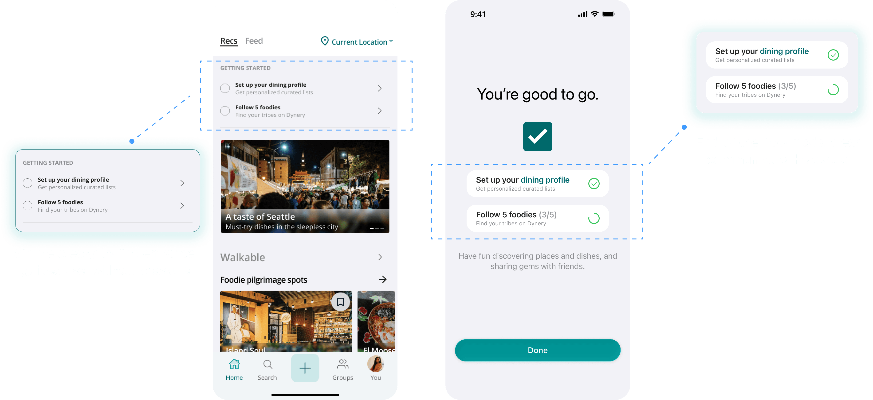 Onboarding split into three modules: sign-up, quick actions, dining profile