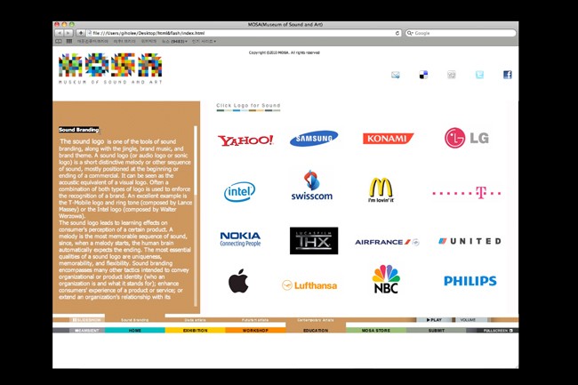 A screenshot of a computer screen displays a webpage titled "MOSAICMuseum of Sound and Art." The page features a white background with a brown banner on the left containing text about sound branding. The top bar includes a search bar, address bar, and several social media icons. The central area displays a grid of logos representing various companies, including Yahoo!, Samsung, Konami, LG, Intel, Swisscom, McDonald's, United, Nokia, Lucent, Air France, Philips, Lufthansa, NBC, and PlayStation. The bottom bar includes tabs like "EXHIBITION," "HOME," "EXHIBITION," "WORKSHOP," "EDUCATION," "MUSEUM," "STORE," "SUBMIT," and "PULLSCREEN." The overall layout is clean and organized.