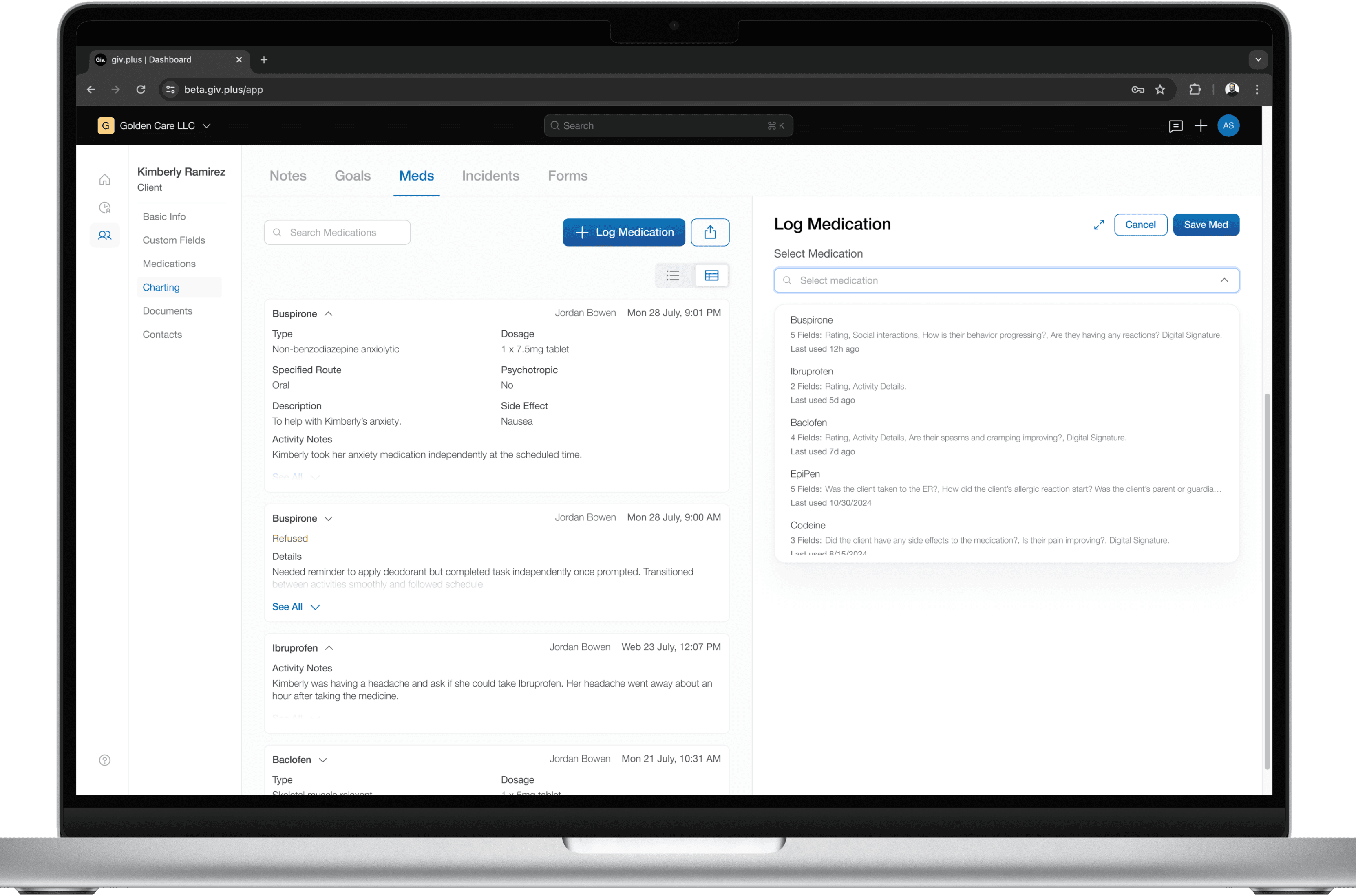 Medication charting on computer.