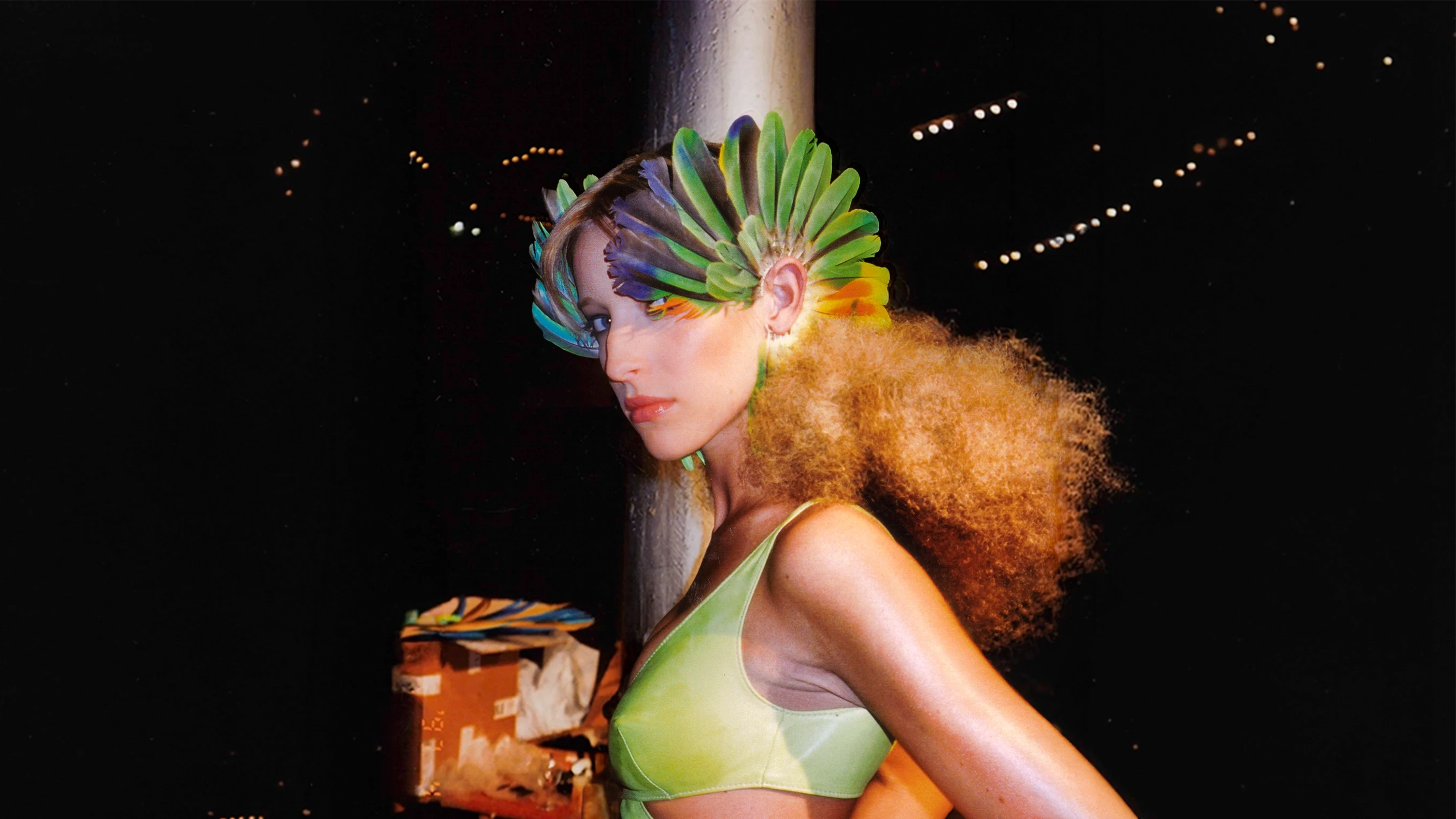 Large Macaw Feather Fan earrings in silver, accented with vibrant orange, yellow, and blue feathers, from the archival runway collection of Shaun Leane.