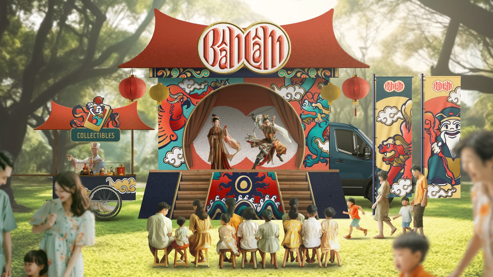 Two gold stickers with dark blue borders feature cartoon characters: the top sticker shows a red bird-like creature above a teal horse-like creature with a rider, while the bottom sticker depicts a white-bearded figure in a green robe holding a staff next to a smaller brown-furred creature. The background is a textured red surface.