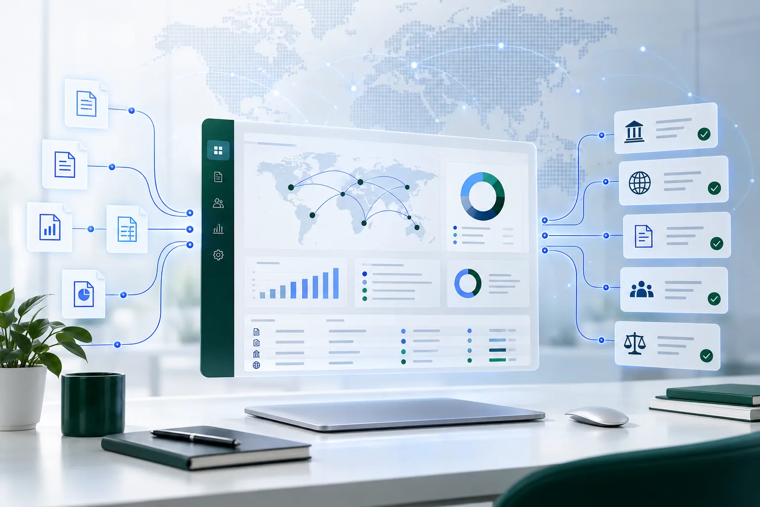 Compliance platform interface with document streams, geographic grid lines, blue and emerald