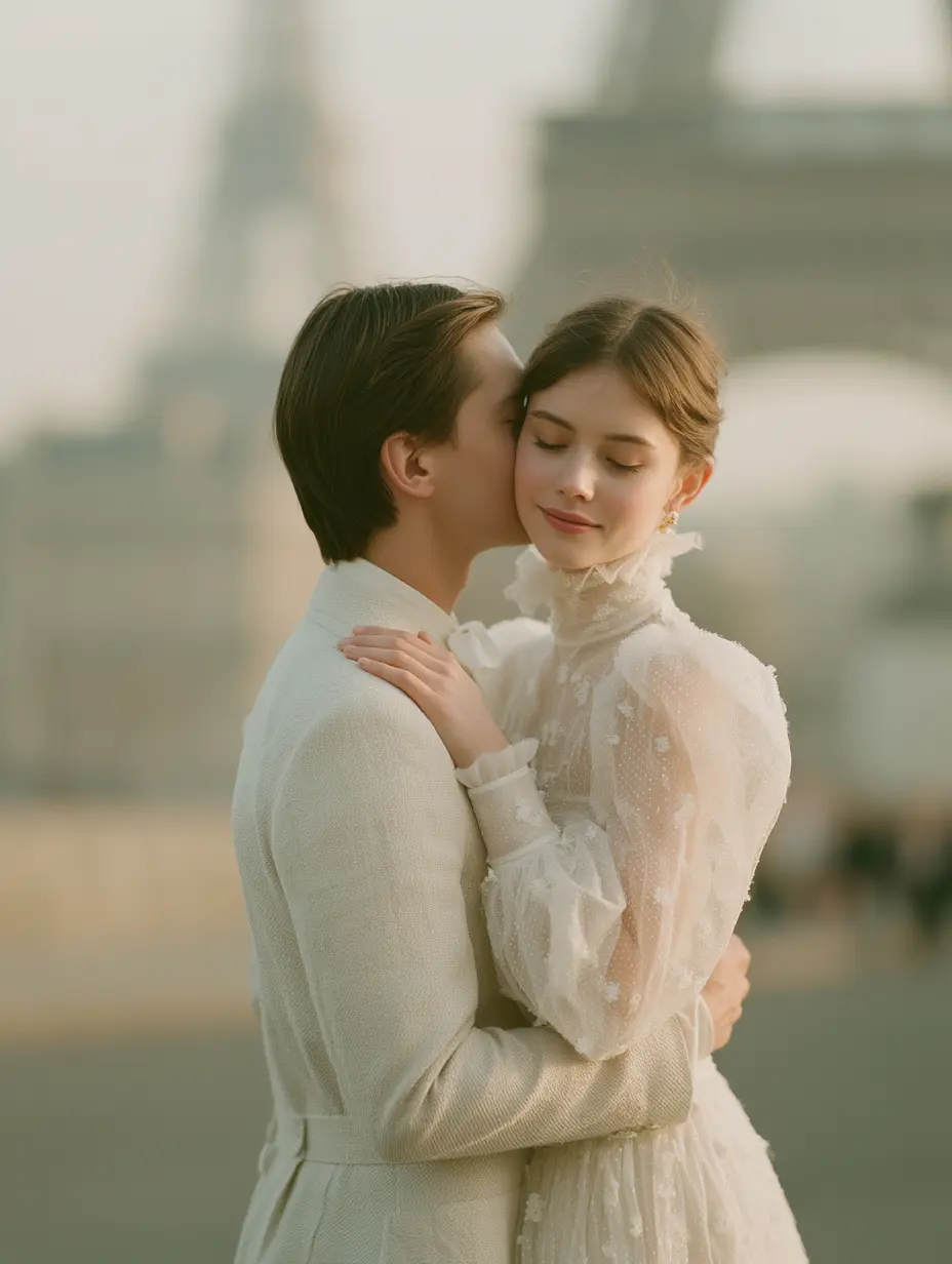 Groom kissing his bride's cheek before a hazy Eiffel Tower, romantic Saint Laurent wedding photography in Paris