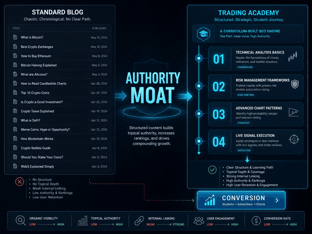 Comparison diagram of a standard chronological blog versus a structured crypto trading academy curriculum for improved SEO and user authority.