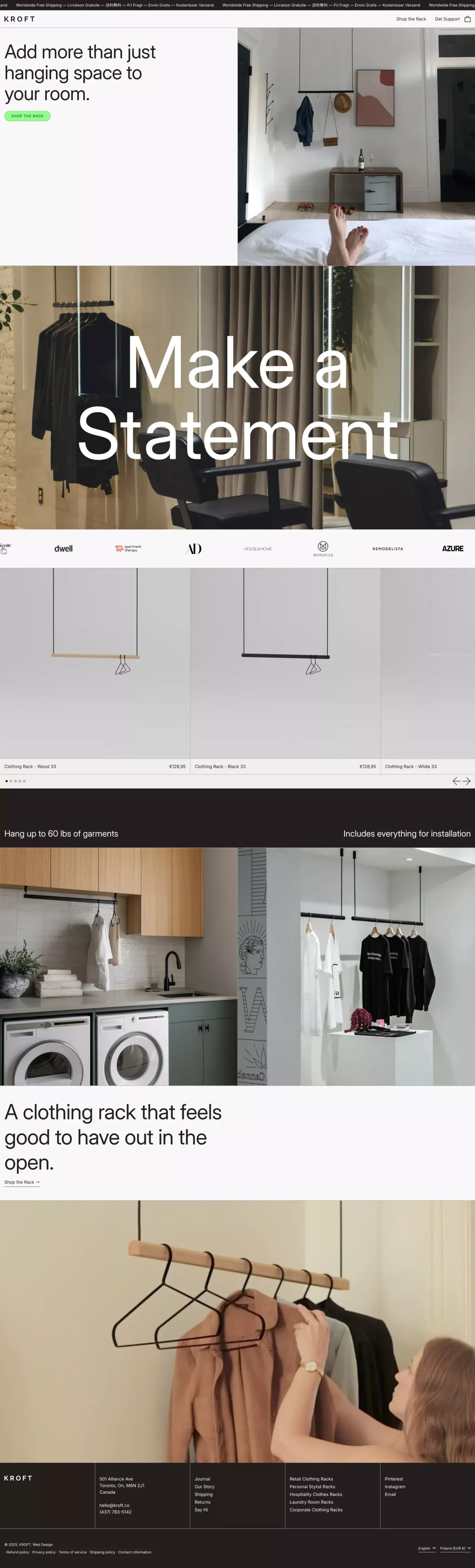 Modern Hanging Clothing Racks – KROFT ecommerce page screenshot showcasing Ecommerce and Furniture & Interiors design