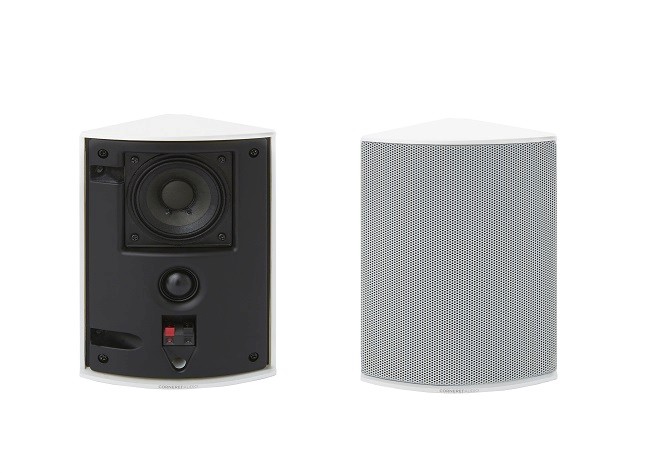 Two white corner speakers on a white background.