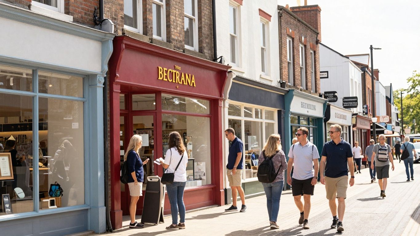 Local business street scene with storefronts and people.
