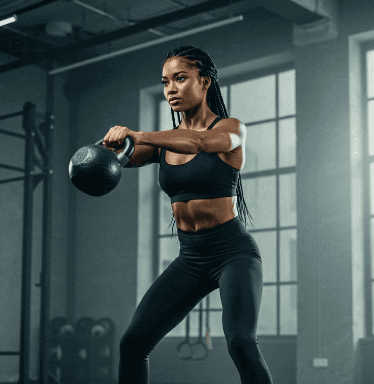 Focused woman with braids performing kettlebell swing in gym.