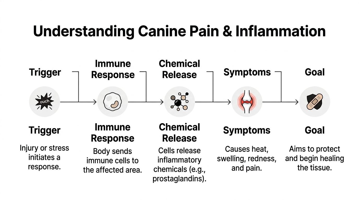 A diagram illustrating the biological process of pain and inflammation in dogs, from trigger to healing.