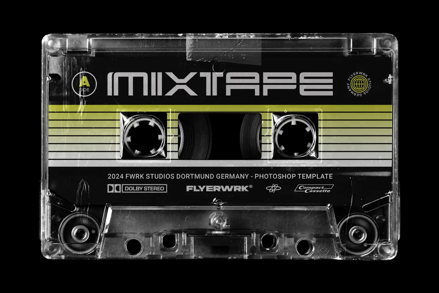 Retro Cassette Tape Mockup displaying a mixtape design with horizontal green stripes and bold typography