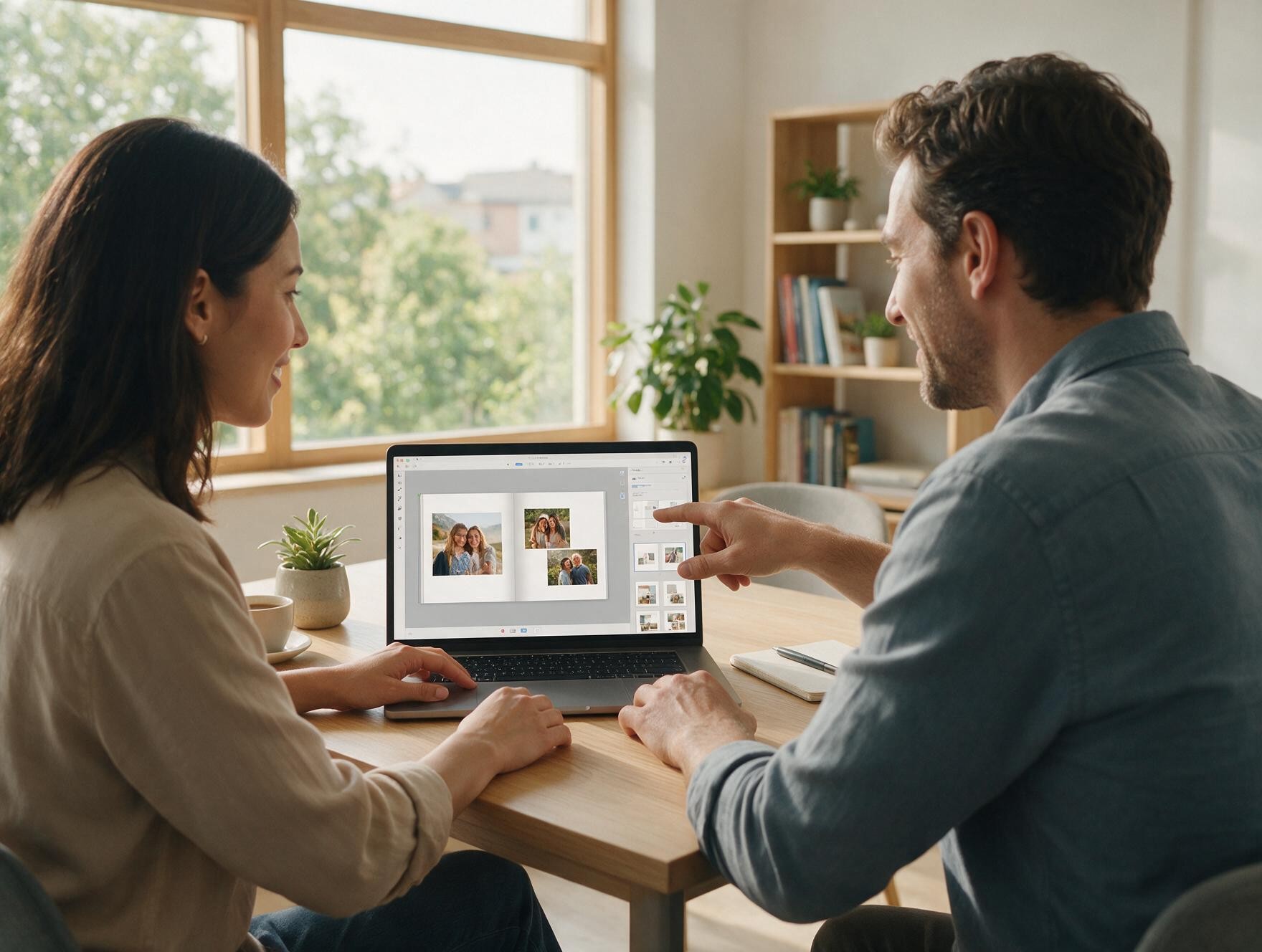 Two partners reviewing a photobook design mockup together on a laptop