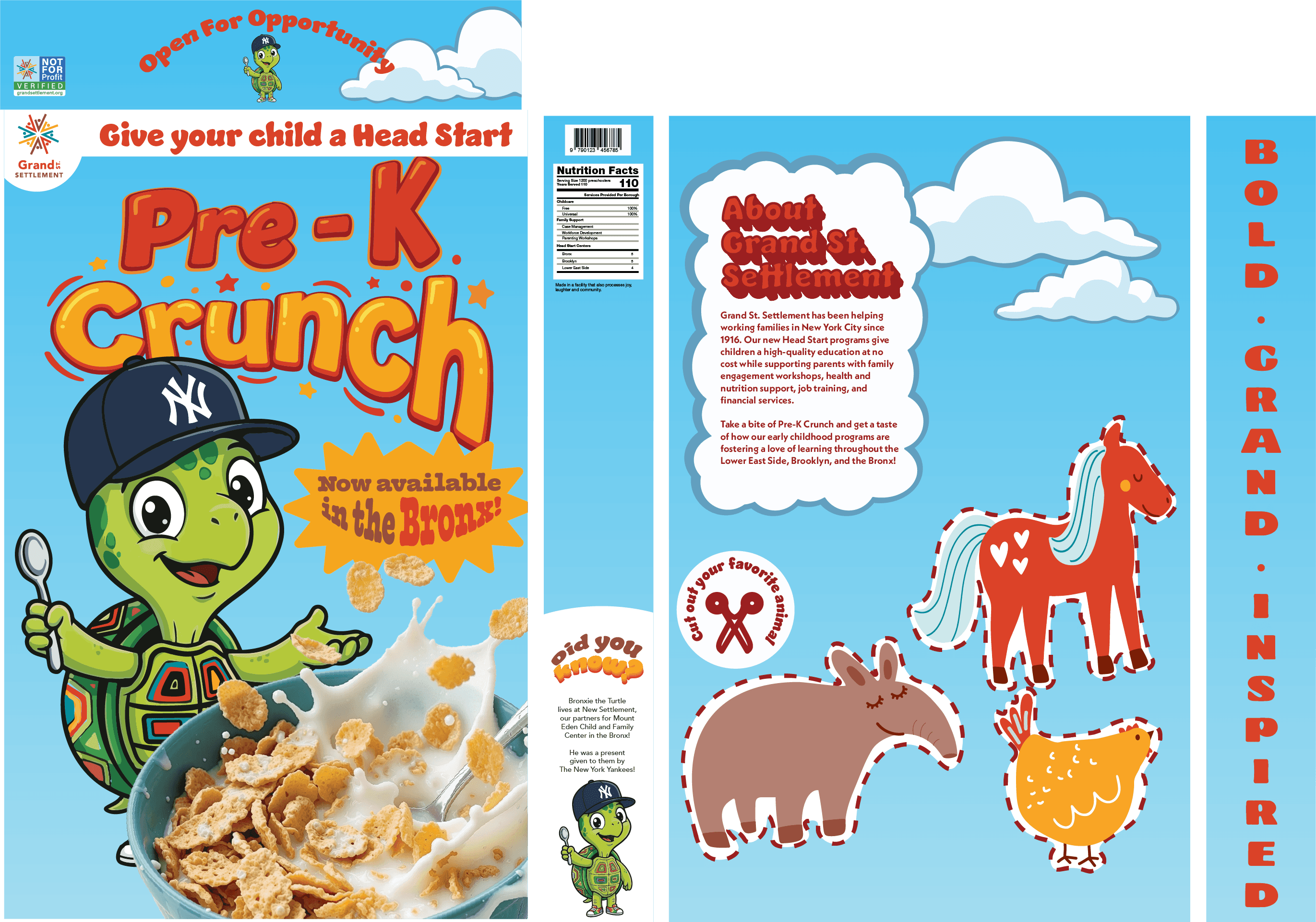 Whimsical cereal box design for Pre-K Crunch cereal with playfully written nutrition facts and product history. Front of the box depicts an illustrated Bronxie the Turtle eating a bowl of cereal, with messaging that Grand Street’s child care services are now available in the Bronx. Back of the box contains information about Grand Street and cutout animal illustrations. Detailed text description follows below.