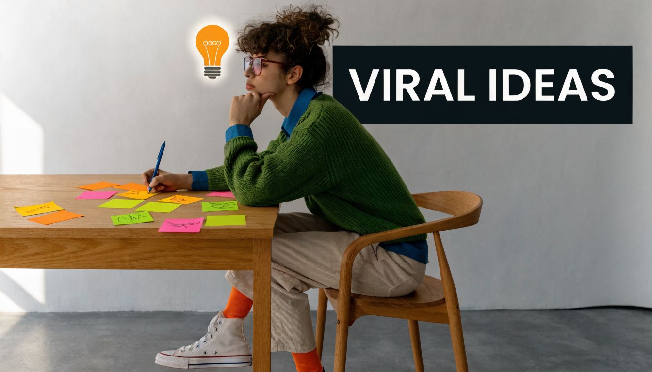 A person sitting at a wooden desk with colorful sticky notes, thinking about creating viral ideas.