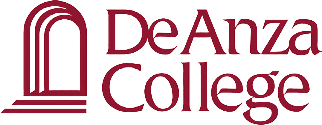 Logo of De Anza College in red featuring a stylized arch design beside the text "De Anza College" in a bold serif font.