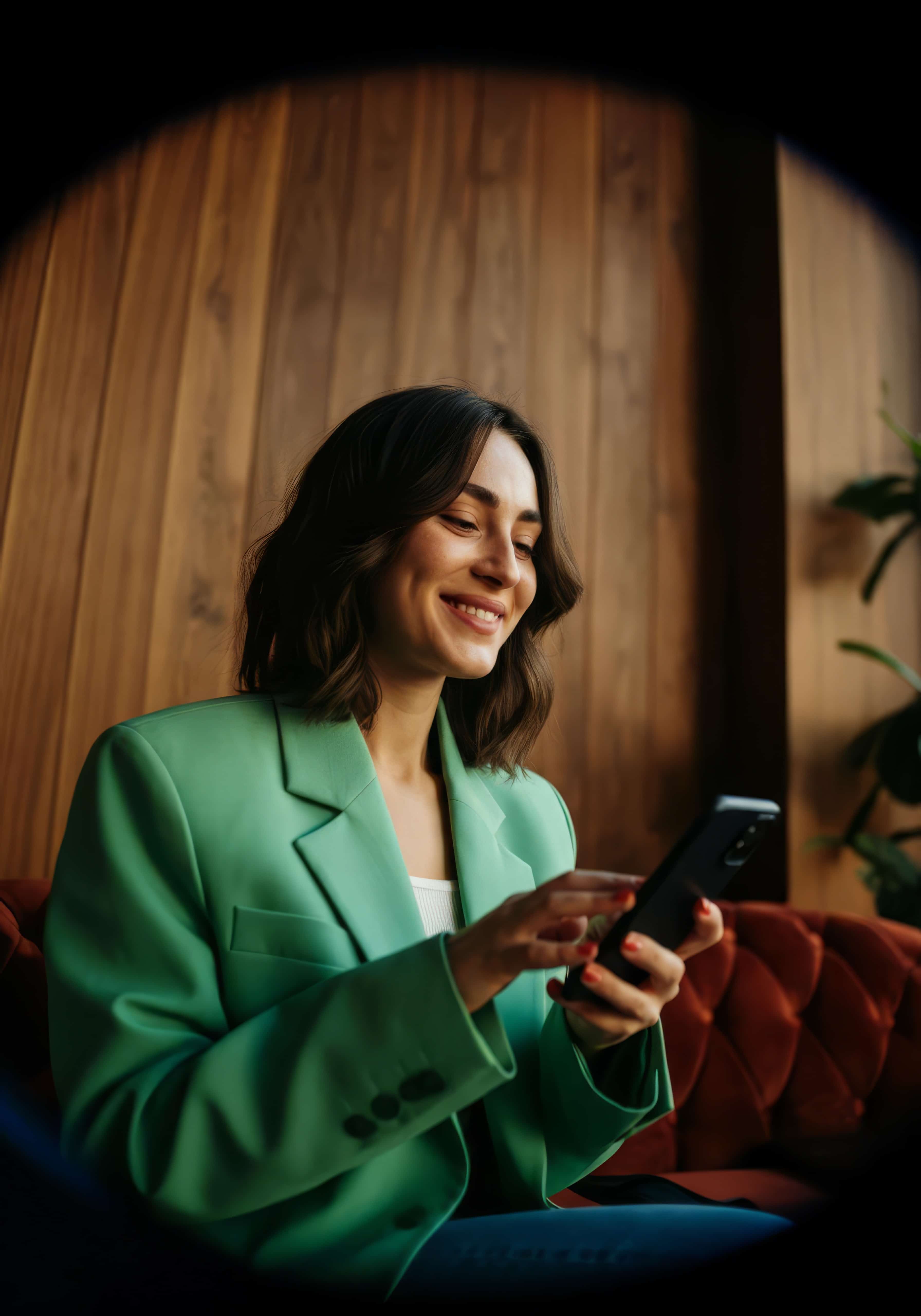 Woman in green blazer smiling while using a smartphone indoors.