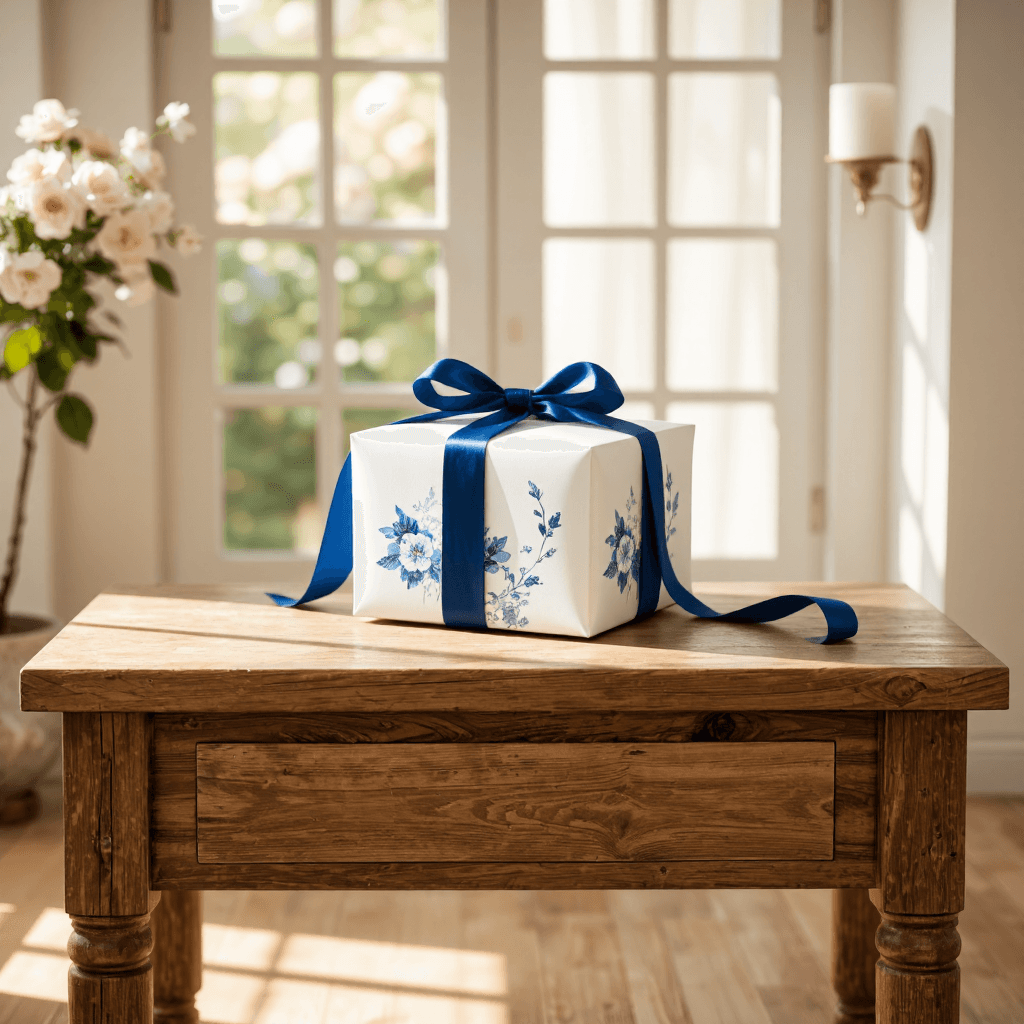 product photography of decorative gift box with a ribbon