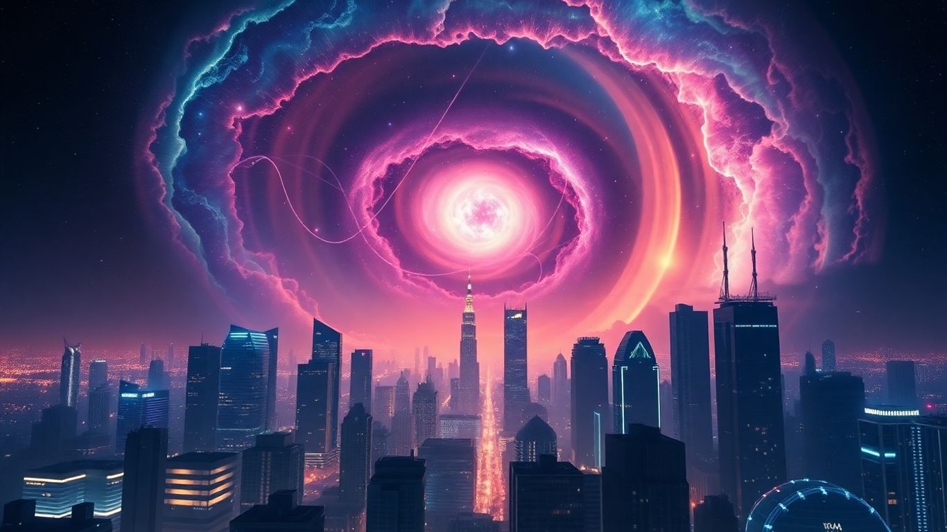 Futuristic cityscape with cosmic nebula and AI elements.
