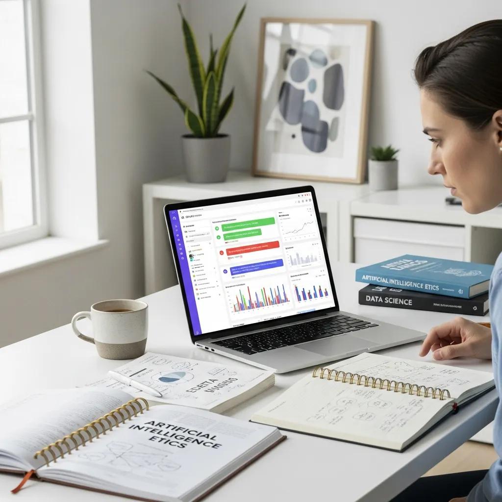 Modern workspace with a laptop showing AI content detection tools and a person analyzing text