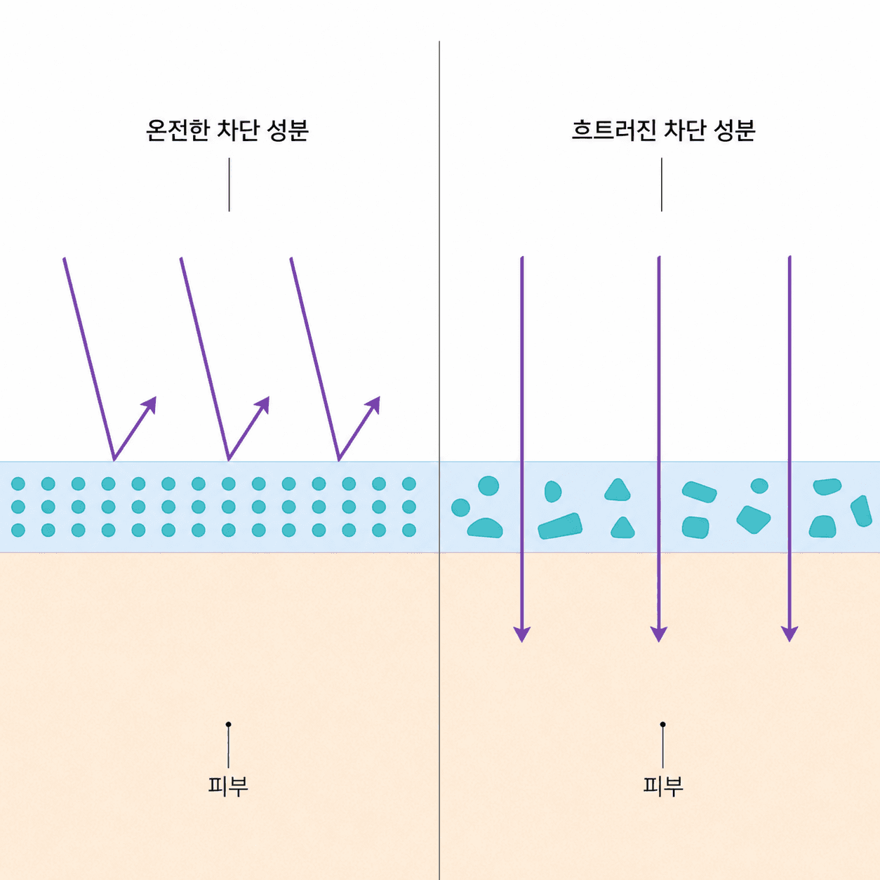 같은 두께로 발라도 성분이 흐트러지면 지나가는 빛이 늘어나요.