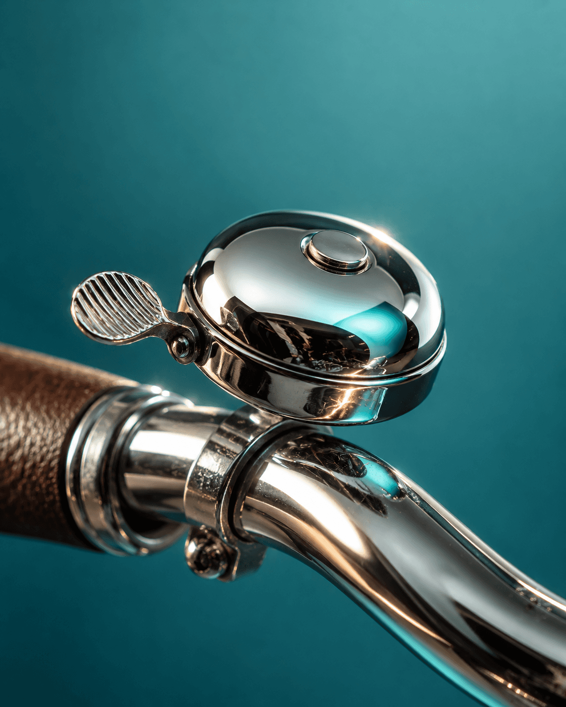Chrome bicycle bell on a handlebar, turquoise background