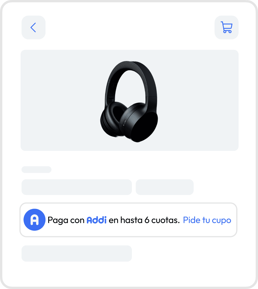 Pantalla de aplicación mostrando un producto con banner para pagar en 6 cuotas con Addi