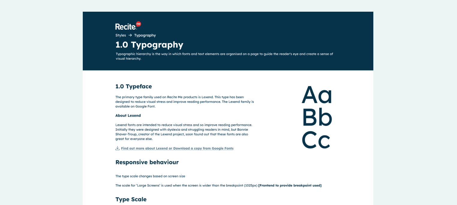 Image showing the Recite Me Design System Typography Page