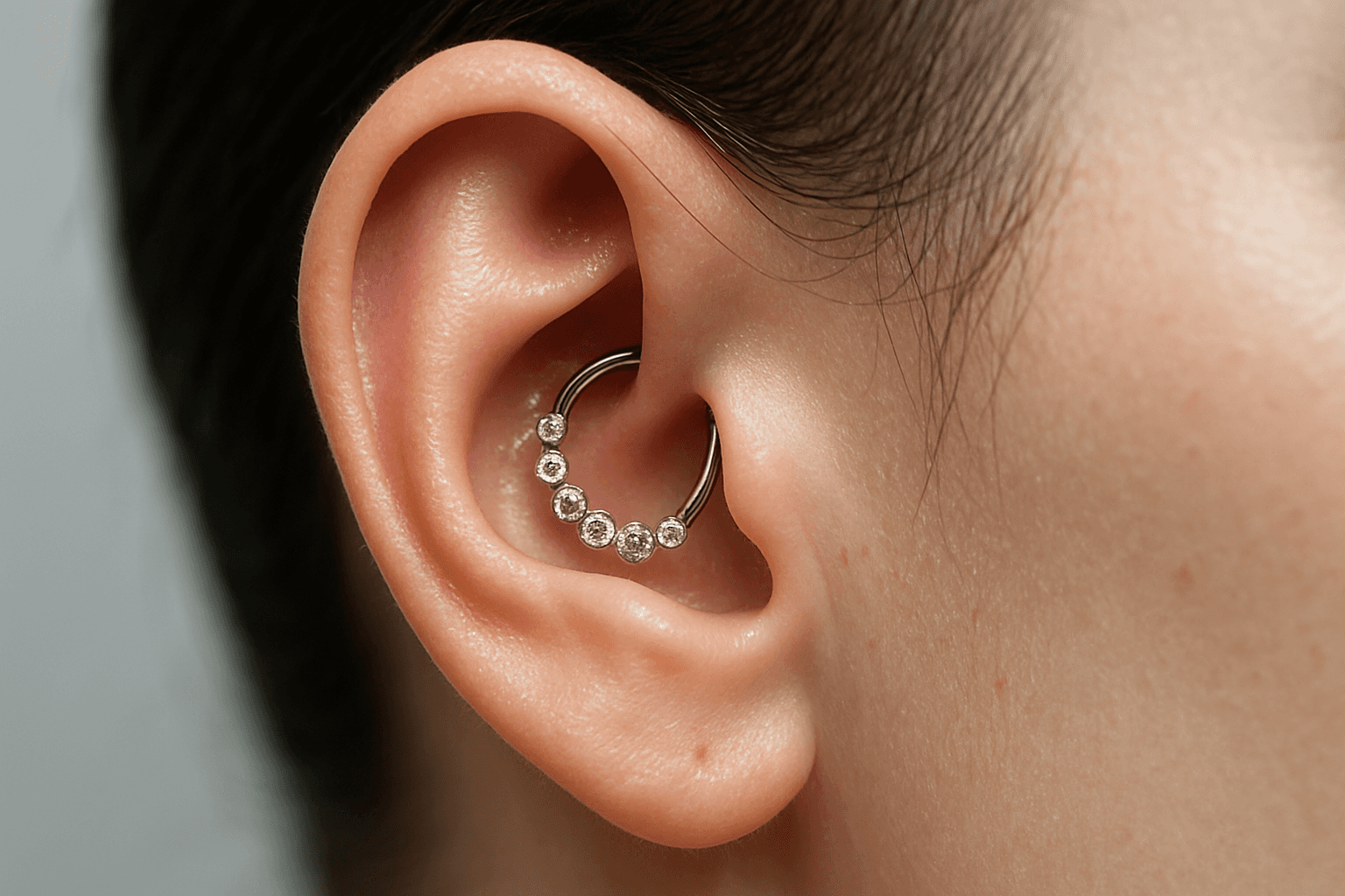 A close-up of a Daith piercing with a silver hoop on a client at Sacred Skin Tattoo in Williston, North Dakota.