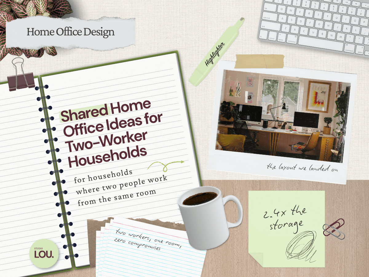 Papercraft-style blog header with a spiral notebook titled Shared Home Office Ideas for Two-Worker Households, linen background with wood desk surface, polaroid photo of a shared home office with two desks side by side and plants clipped with a binder clip, coffee mug, sage green sticky note, index cards, highlighter, keyboard, and plant in the corner.