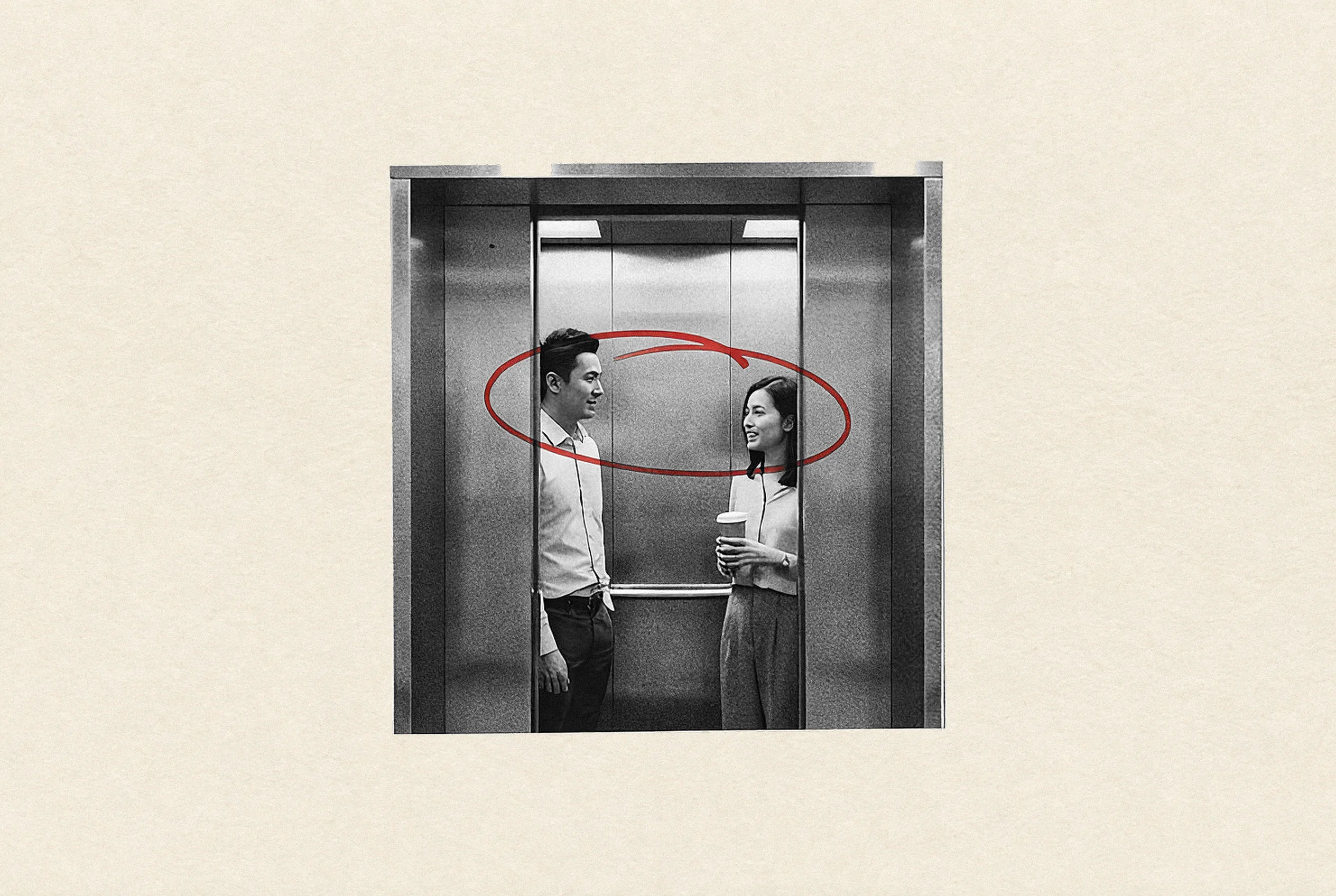 A black-and-white photograph of two young office colleagues chatting in an open lift, a man in a white shirt and a woman holding a coffee cup, with a red hand-drawn ring circling their conversation, on cream paper.