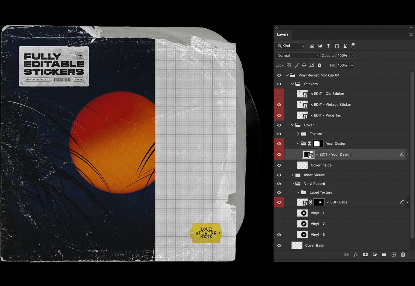 Vinyl record mockup layered Photoshop PSD showing organized smart object layers