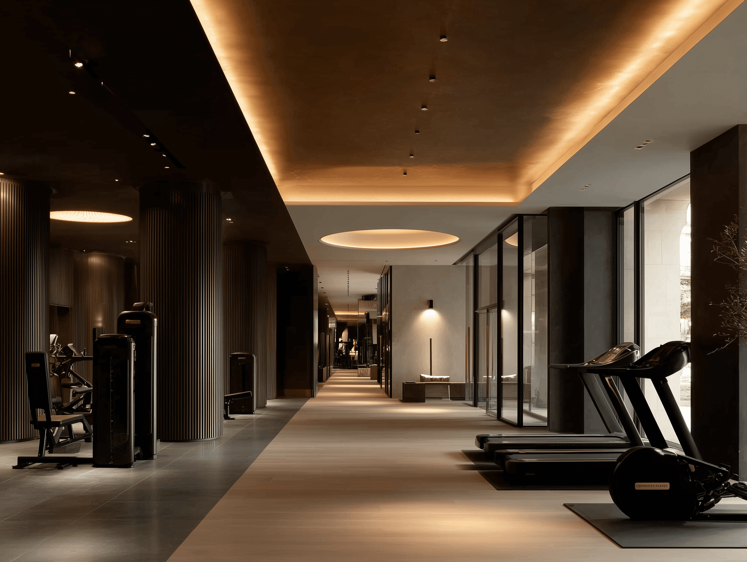 A long, modern gym hallway with wood flooring, featuring treadmills on the right and weight machines on the left.