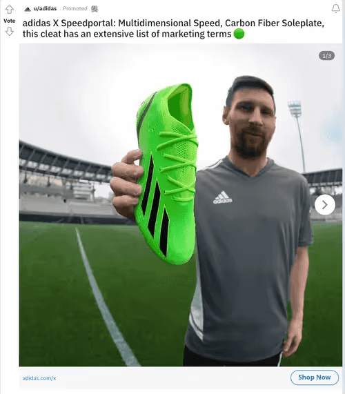 Adidas Reddit campaign using Takeover, Video, Carousel, Free-Form, and Conversation Placement formats.