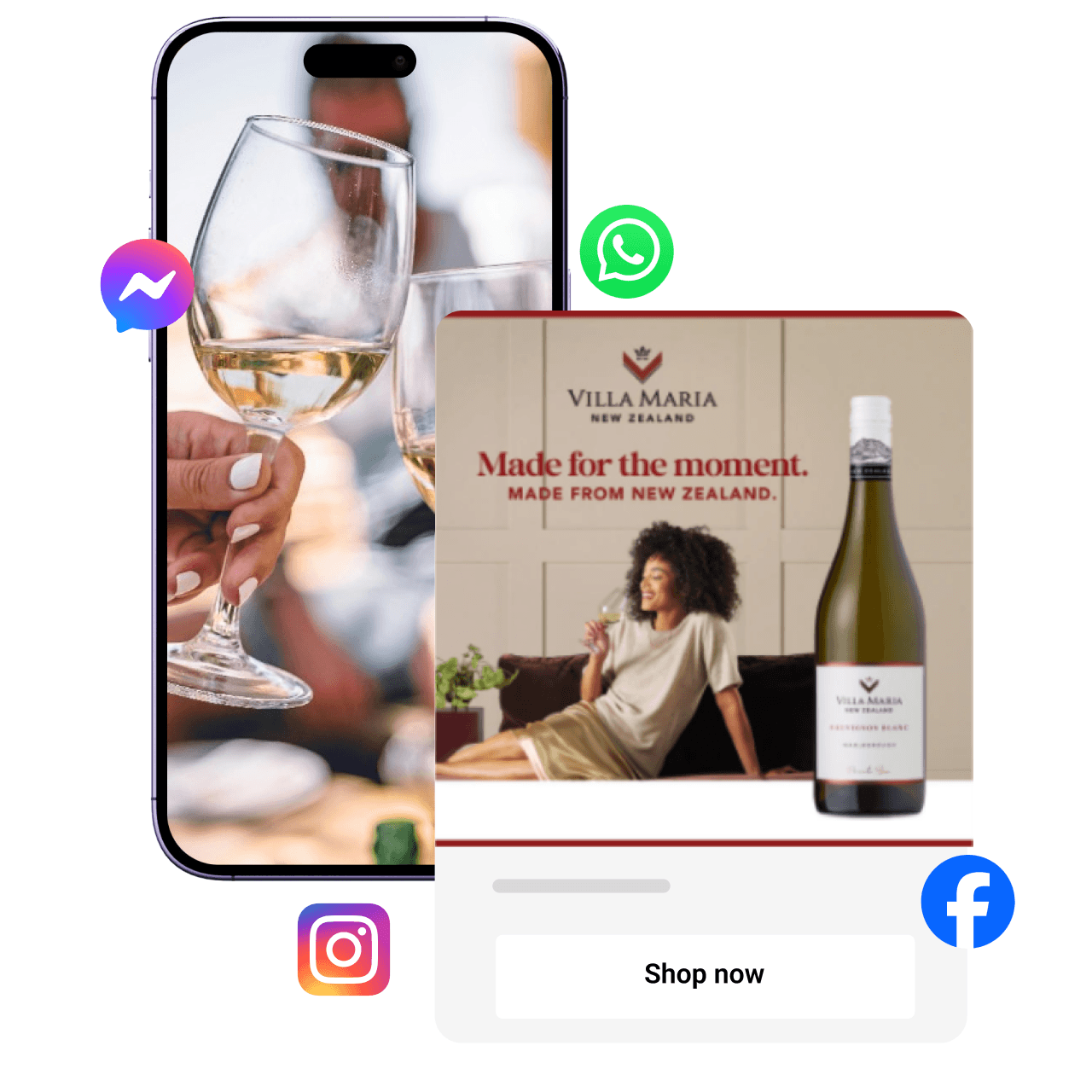 Social media ad featuring Villa Maria wine with 'Shop now' button, shown across platforms like Facebook, Instagram, Messenger, and WhatsApp