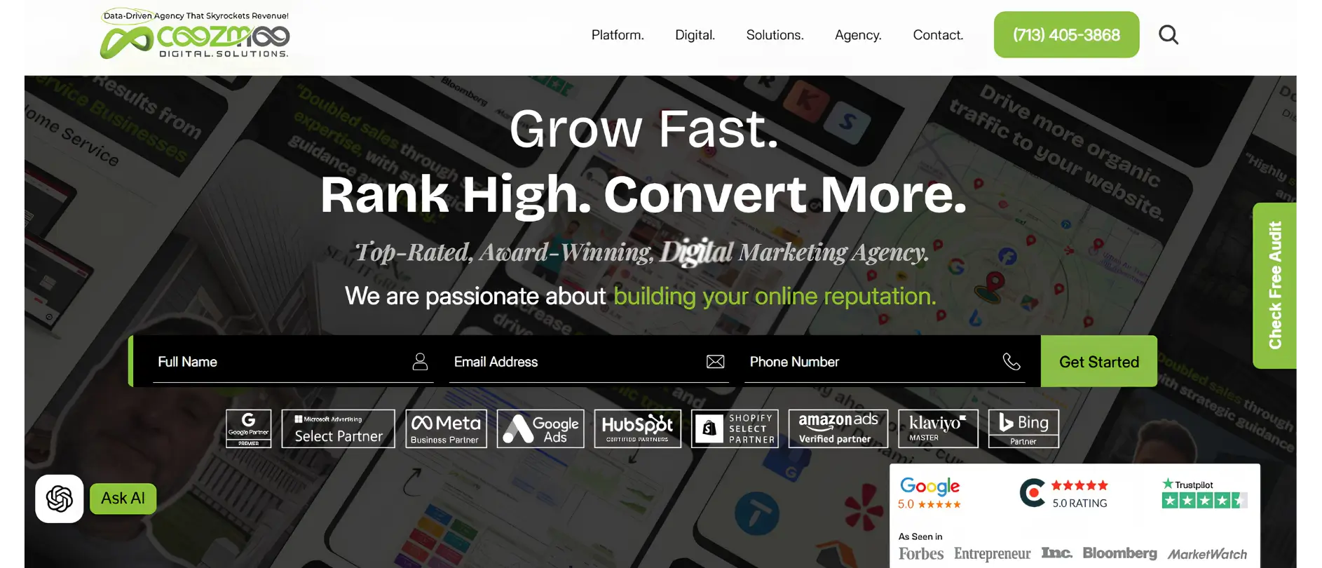 Coozmoo digital marketing agency homepage featuring  lead generation services.