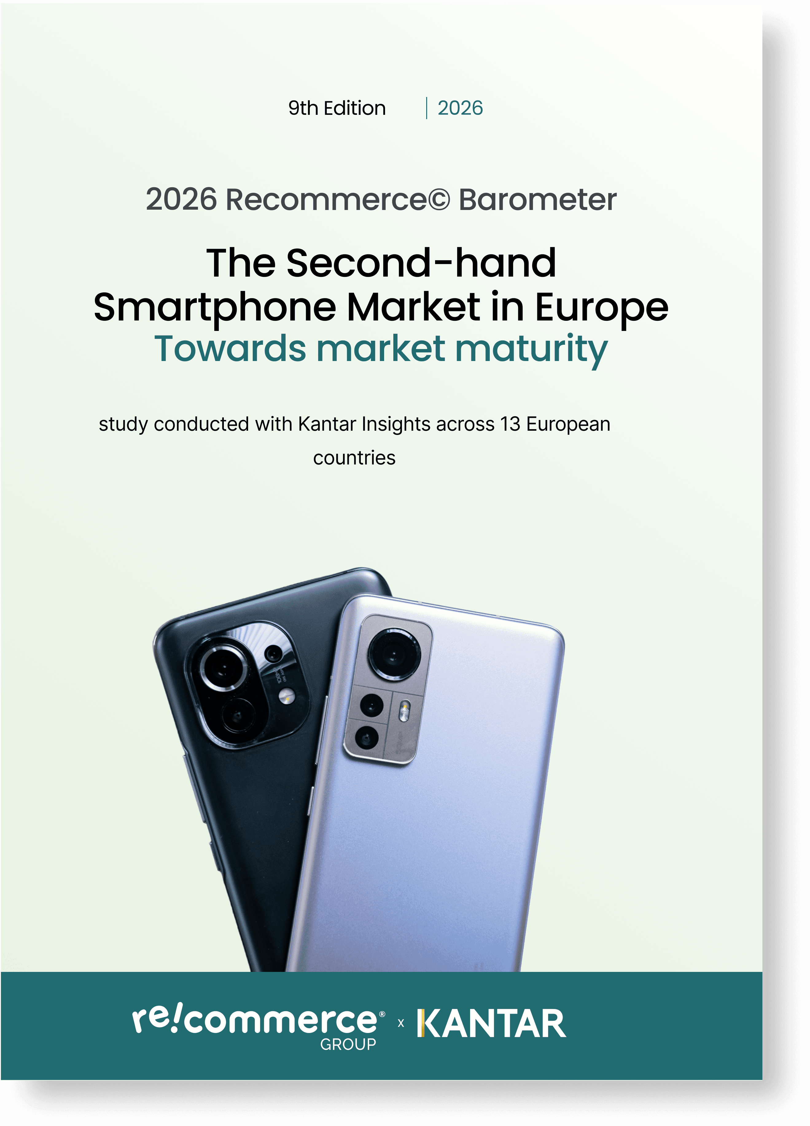 Cover of the 2026 Recommerce Barometer on the European used smartphone market, featuring a photo of two smartphones 
