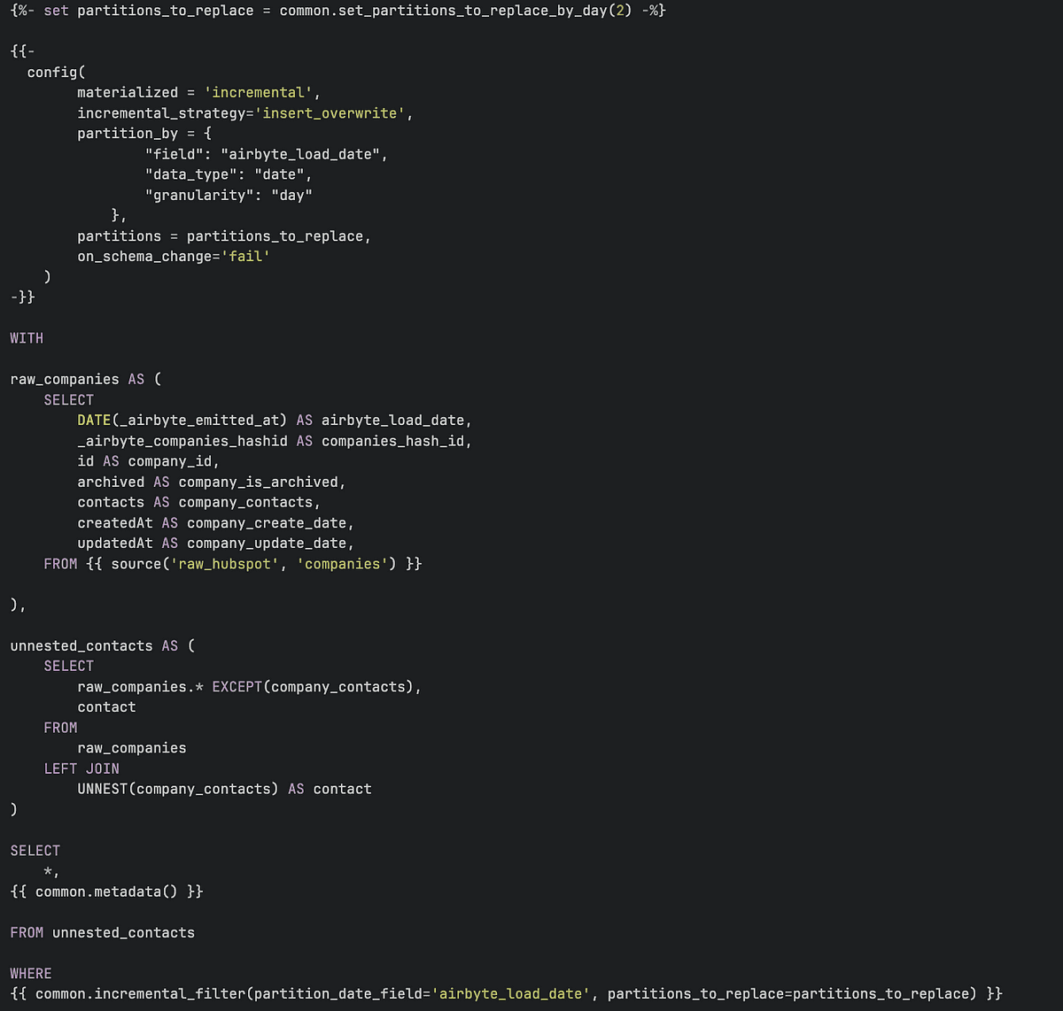 Screenshot of a database query script using SQL language, with code configuring incremental materialization and partitioning by load date. The script includes a WITH clause defining raw company data and a subquery to unnest contacts from these companies, followed by a SELECT statement to extract the data with applied filters based on load date.